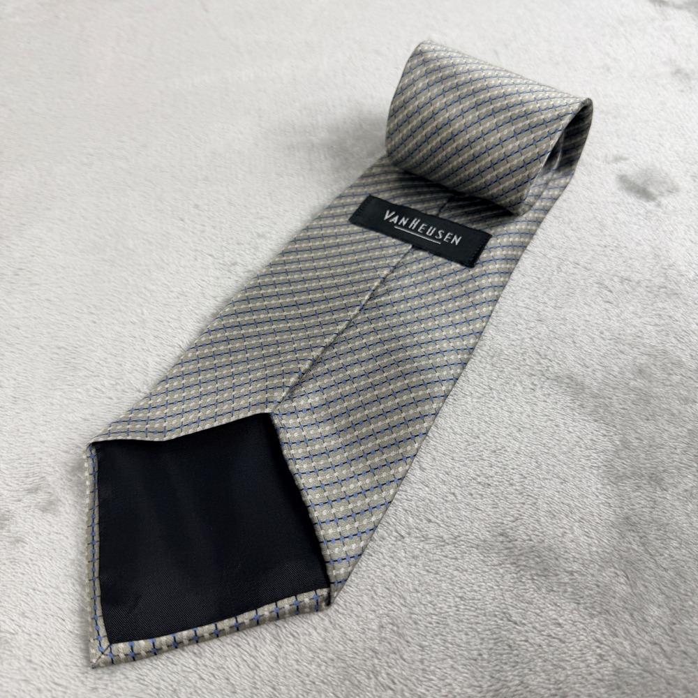 Van Heusen Mens 100% Silk Necktie Sage Green Blue‎ Geometric Pattern Made in USA